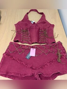 NWT PLT Burgundy Denim Co-Ord Set‎ Corset Shorts Festival Indie Grunge Y2K 12